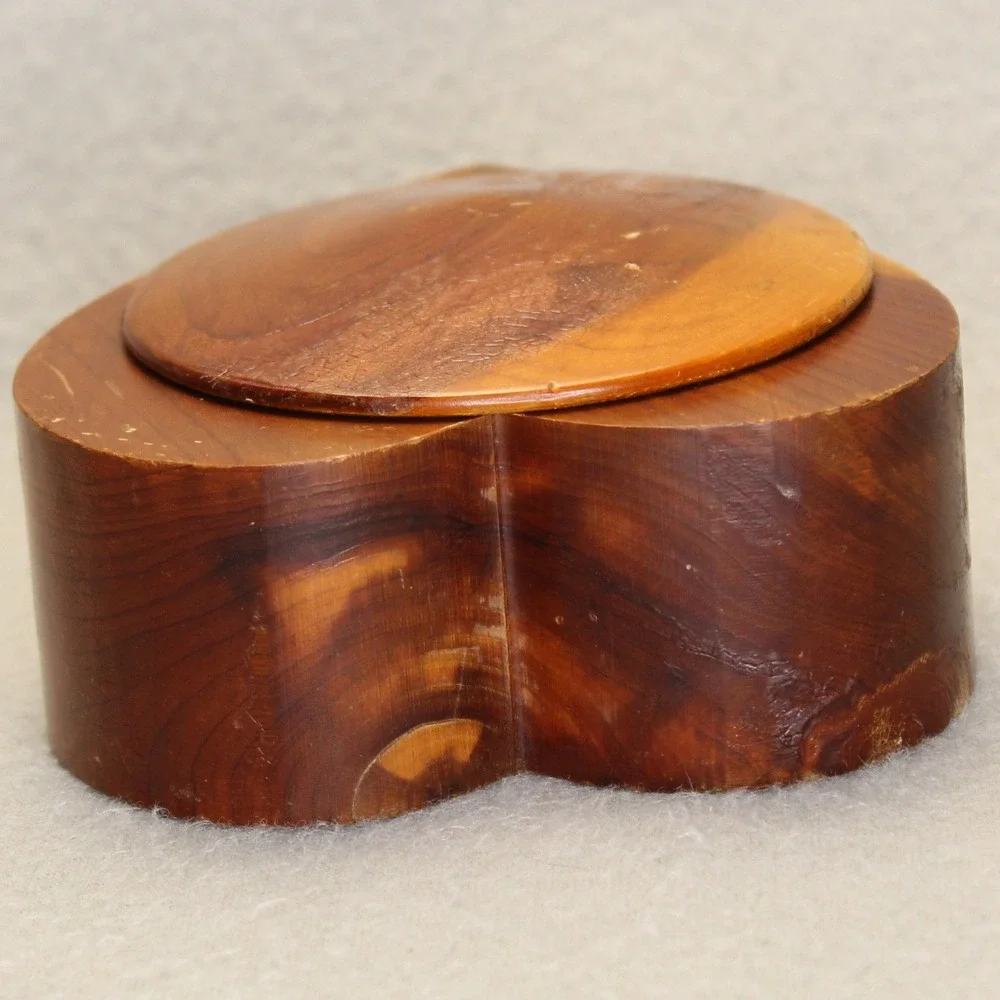 Handmade Heart Trinket Box Cedar Wood Brown Swivel Lid Signed Folk Art Gift